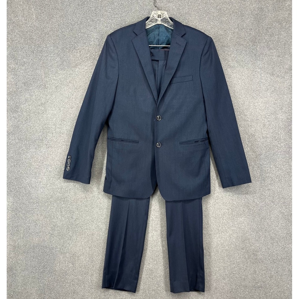 TO Collection Mens Navy Blue Herringbone Suit Blazer Pants‎ Set Size 18